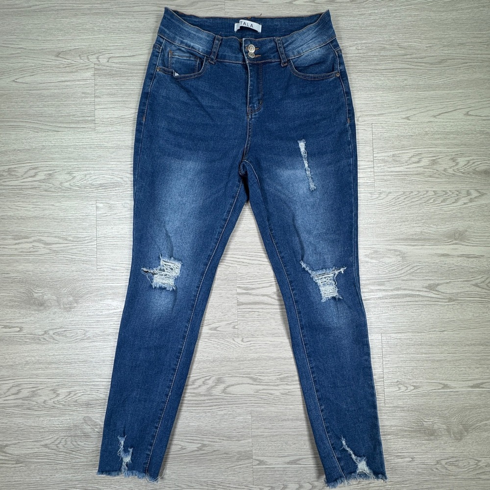TALA Women's Skinny Jeans Blue Size 8 Distressed Frayed Hem High Rise Stretch